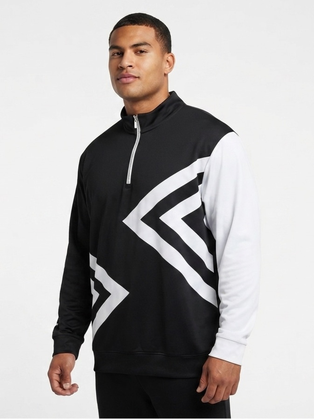 Men's Black & White Colorblock 1/4 Zip Pullover Sweatshirt Geometric Print